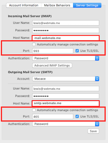 Screen shot of Server Settings tab - Apple Mail